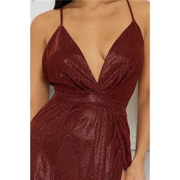 Burgundy Glitter Fabric Sweetheart Surplice Maxi Dress Crisscross Back Detailing - Picture 3 of 4